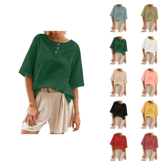 T Shirts for Women 2026 Summer Half Sleeve Crewneck Cotton Linen Oversized Casual Office Work Tshirt Blouse