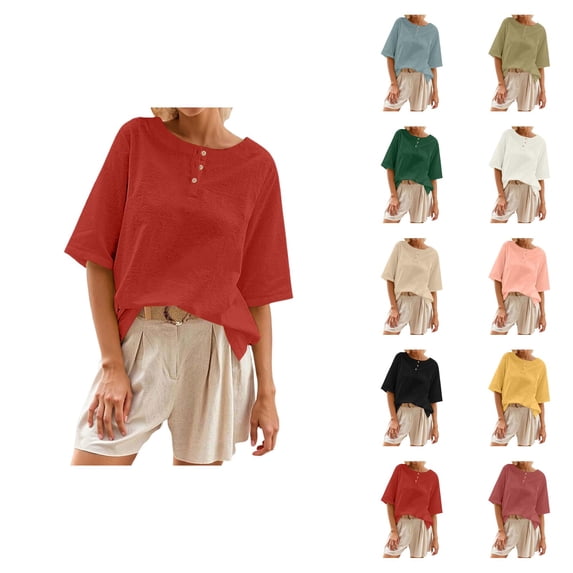 T Shirts for Women 2026 Summer Half Sleeve Crewneck Cotton Linen Oversized Casual Office Work Tshirt Blouse