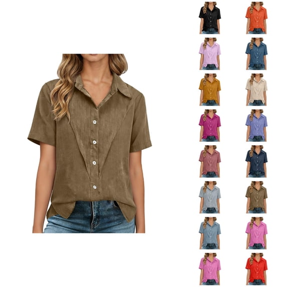 T Shirts for Women 2026 Summer Linen Short Sleeve Button Down Collared Business Casual Office Work Tshirt Blouse
