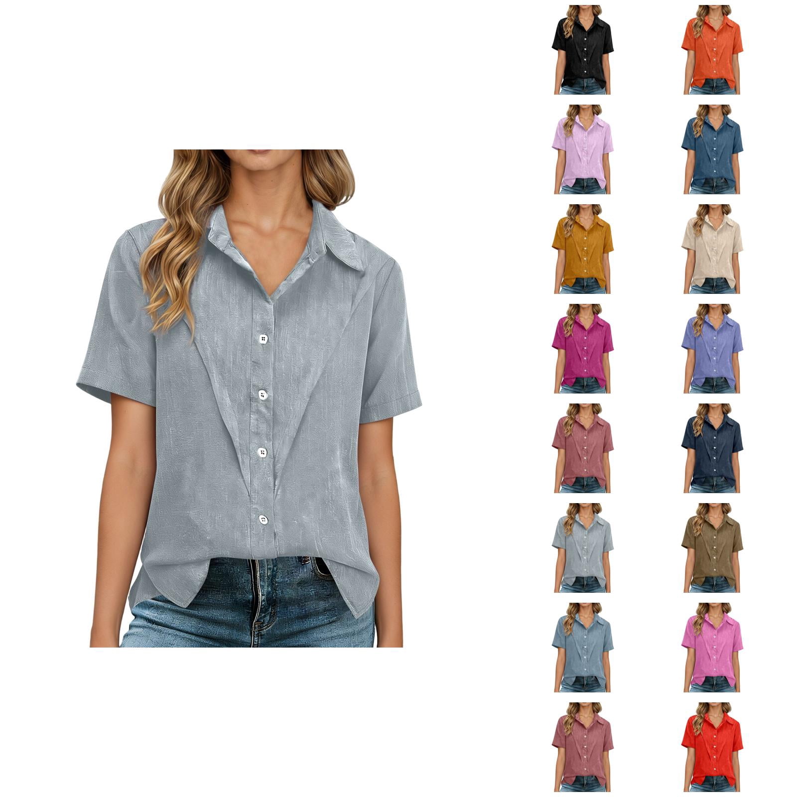 T Shirts for Women 2026 Summer Linen Short Sleeve Button Down Collared ...