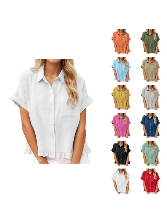 T Shirts for Women 2026 Summer Short Sleeve Button Down Collared Loose Business Casual Office Work Tshirt Blouse