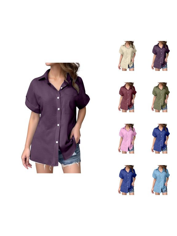 T Shirts for Women 2026 Summer Short Sleeve Cotton Linen Button Down Collared Loose Business Casual Office Work Tshirt Blouse