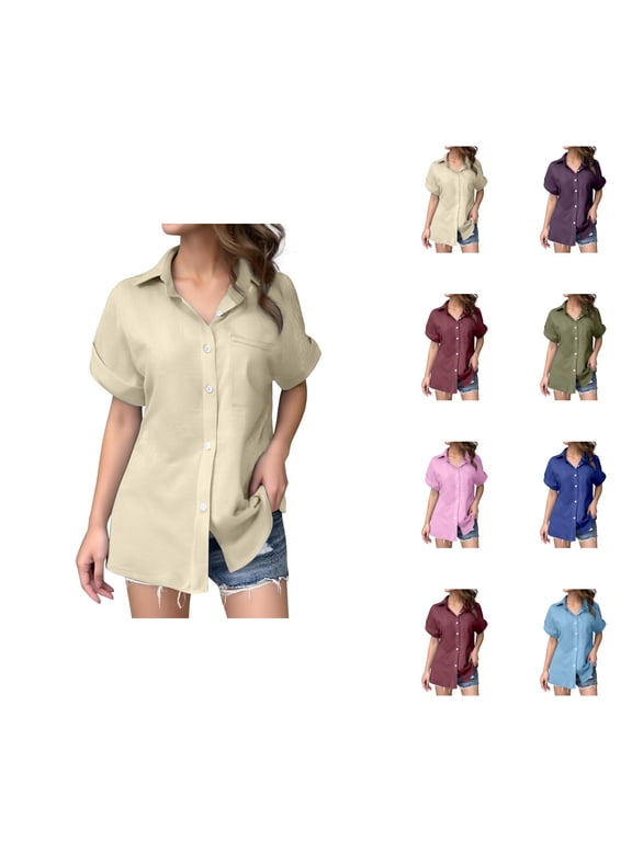 T Shirts for Women 2026 Summer Short Sleeve Cotton Linen Button Down Collared Loose Business Casual Office Work Tshirt Blouse