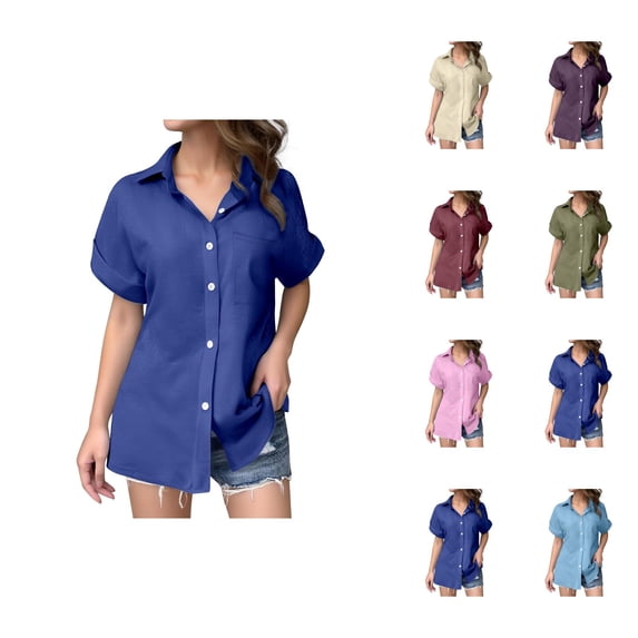 T Shirts for Women 2026 Summer Short Sleeve Cotton Linen Button Down Collared Loose Business Casual Office Work Tshirt Blouse