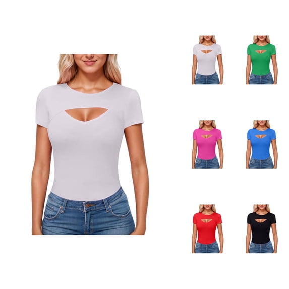 T Shirts for Women 2026 Summer Short Sleeve Crewneck Hollow out Ribbed Slim Fit Casual Tshirt