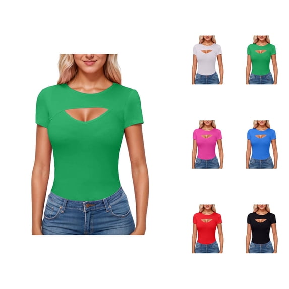 T Shirts for Women 2026 Summer Short Sleeve Crewneck Hollow out Ribbed Slim Fit Casual Tshirt