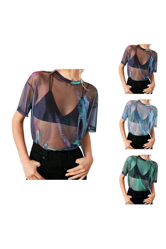 T Shirts for Women 2026 Summer Short Sleeve Metallic Shimmer Mesh See through Crewneck Tshirt Clubwear
