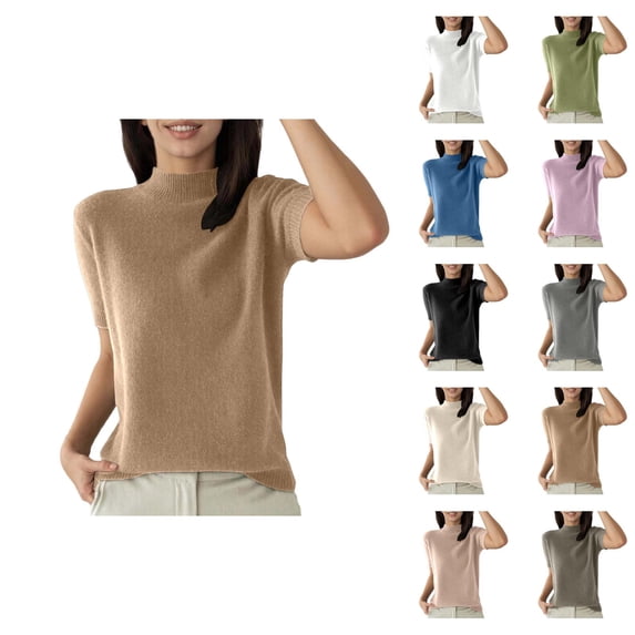 T Shirts for Women 2026 Summer Short Sleeve Neck Ribbed Plain Knitted Tshirt Womens Tees