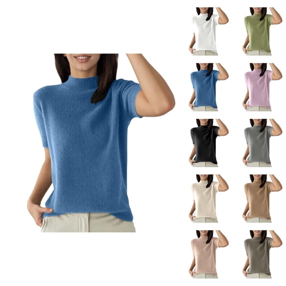 T Shirts for Women 2026 Summer Short Sleeve Neck Ribbed Plain Knitted Tshirt Womens Tees