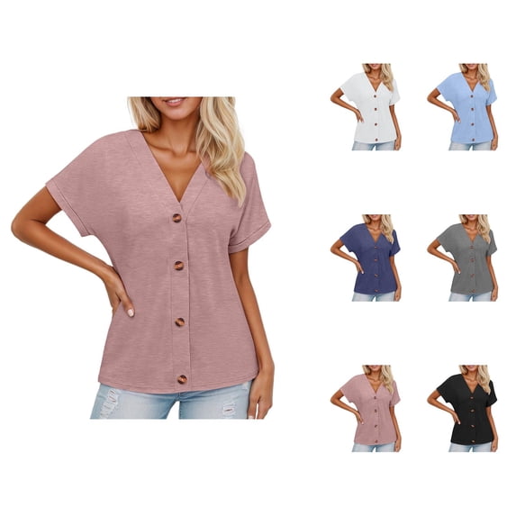 T Shirts for Women 2026 Summer Short Sleeve V Neck Button Down Loose Dressy Casual Office Work Tshirt Blouse