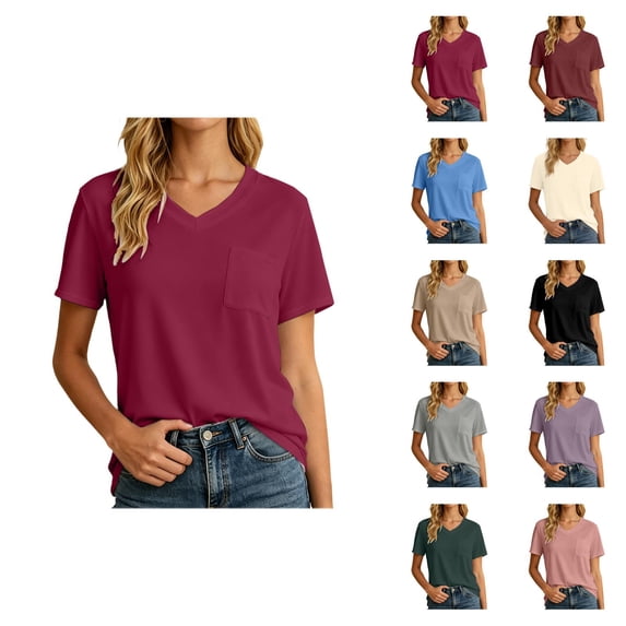 T Shirts for Women 2026 Summer Short Sleeve V Neck Casual Loose Plain Tshirts Work Blouse Basic Tees with Chest Pocket