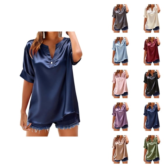 T Shirts for Women 2026 Summer Short Sleeve V Neck Satin Loose Dressy Casual Office Work Tshirt Blouse