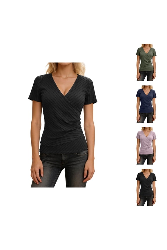 T Shirts for Women 2026 Summer Short Sleeve V Neck Wrap Shirt Dressy Casual Office Work Tshirt Blouse