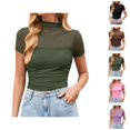 thumbnail image 1 of T Shirts for Women 2026 Summer Solid Mesh Turtleneck Short Sleeve Tunic Tops Casual Tops, 1 of 9