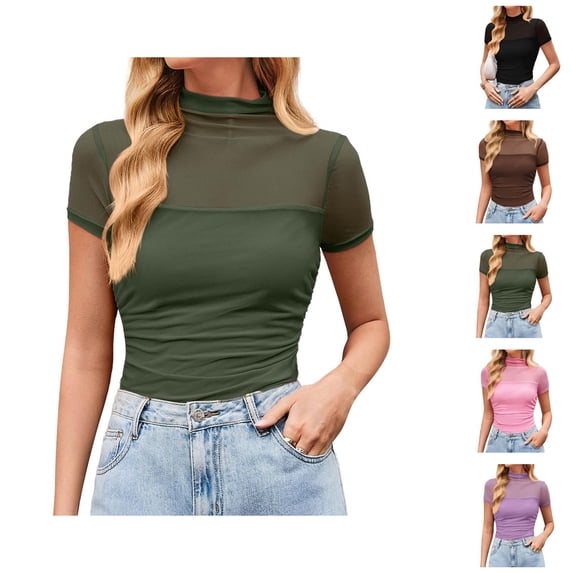 T Shirts for Women 2026 Summer Solid Mesh Turtleneck Short Sleeve Tunic Tops Casual Tops