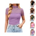 thumbnail image 1 of T Shirts for Women 2026 Summer Solid Mesh Turtleneck Short Sleeve Tunic Tops Casual Tops, 1 of 7