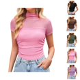 thumbnail image 1 of T Shirts for Women 2026 Summer Solid Mesh Turtleneck Short Sleeve Tunic Tops Casual Tops, 1 of 9