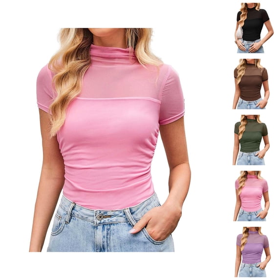 T Shirts for Women 2026 Summer Solid Mesh Turtleneck Short Sleeve Tunic Tops Casual Tops