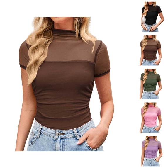 T Shirts for Women 2026 Summer Solid Mesh Turtleneck Short Sleeve Tunic Tops Casual Tops