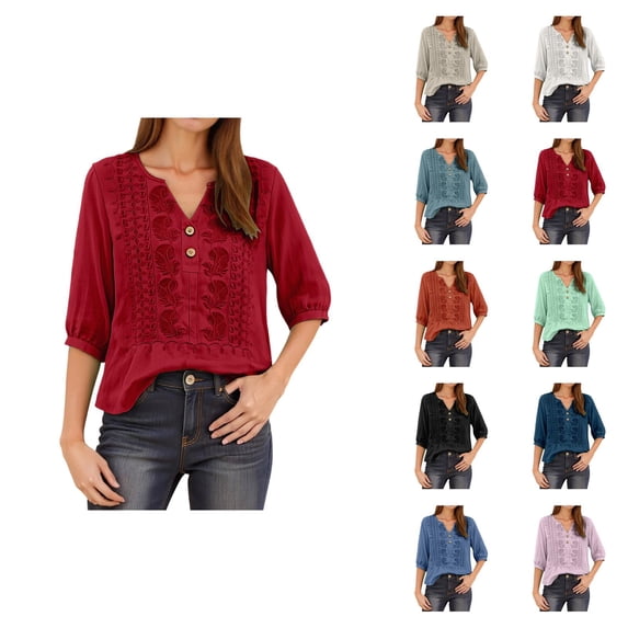 T Shirts for Women 2026 Summer Vintage Boho 3/4 Sleeve Shirt V Neck Embroidered Casual Tshirt Blouse