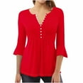 thumbnail image 1 of T Shirts for Women 3/4 Length Bell Sleeve Pullover Dressy Blouses Ladies Button V-Neck Regular Fit Pleated Casual Loose Solid Color Tunic Tops, 1 of 3