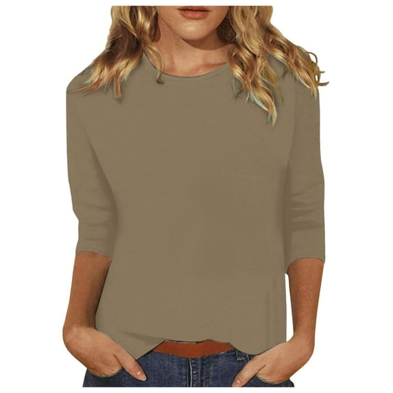 T Shirts for Women 3/4 Sleeve Casual Loose Fit Crew Neck Cute Solid Tunic Refreshing Breathable Resistant Daily Khaki T-Shirts Sizes XL