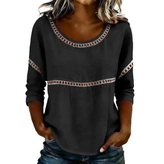 T Shirts for Women 3/4 Sleeve Length Tops for Women Lace Patch Casual Blouses Trendy Shirts Round Neck Loose Fit