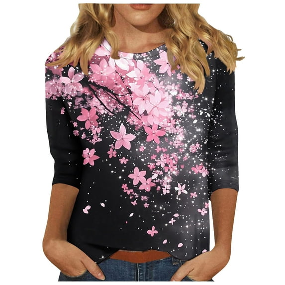 T Shirts for Women 3/4 Sleeve Shirts Crew-Neck Tshirt Womens Cotton Basic Casual Soft Trendy Tops Shirts Black XL