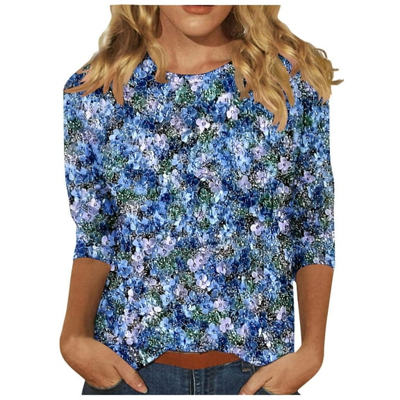 T Shirts for Women 3/4 Sleeve Shirts Crew-Neck Tshirt Womens Cotton Basic Casual Soft Trendy Tops Shirts Blue A XXXL