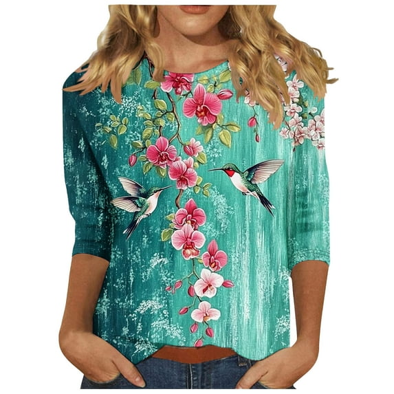 T Shirts for Women 3/4 Sleeve Shirts Crew-Neck Tshirt Womens Cotton Basic Casual Soft Trendy Tops Shirts Green M