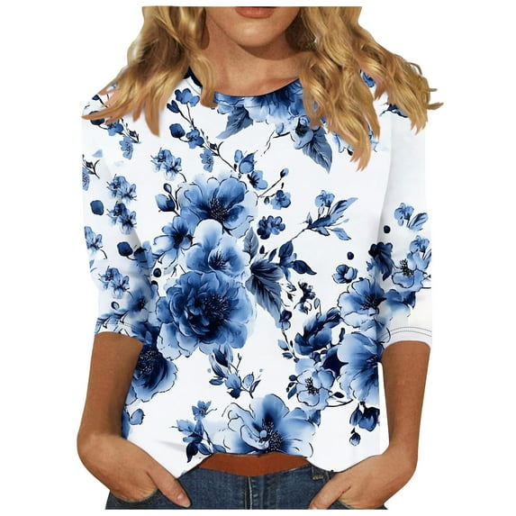 T Shirts for Women 3/4 Sleeve Shirts Crew-Neck Tshirt Womens Cotton Basic Casual Soft Trendy Tops Shirts White M