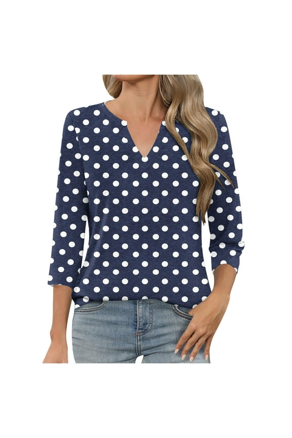 T-Shirts for Women 3/4 Sleeve V-Neck Circle Printed Casual Dressy Tunic Tops Laides T-Shirts