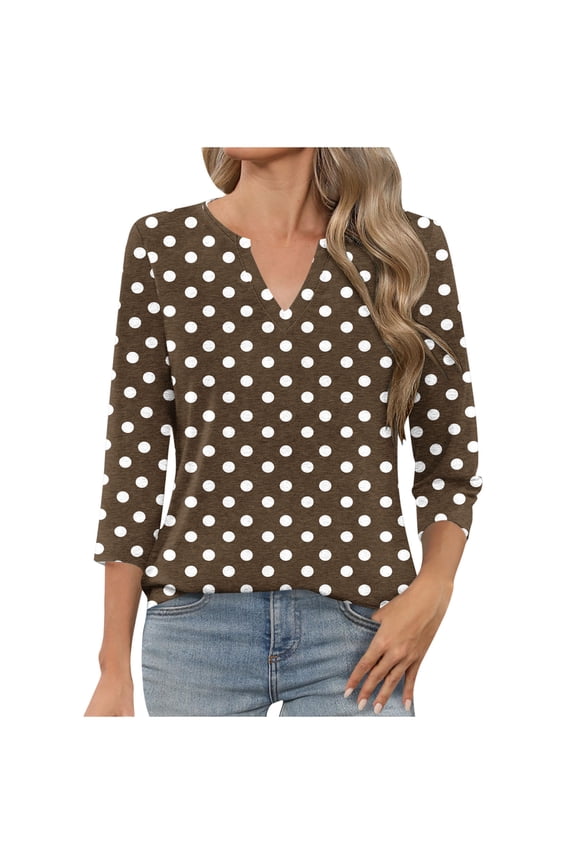 T-Shirts for Women 3/4 Sleeve V-Neck Circle Printed Casual Dressy Tunic Tops Laides T-Shirts