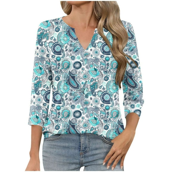 T-Shirts for Women 3/4 Sleeve V-Neck Floral Printed Casual Dressy Tunic Tops Laides T-Shirts