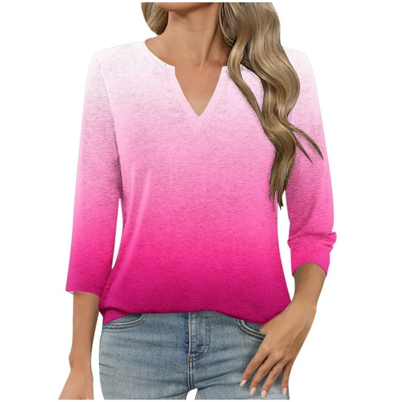 T-Shirts for Women 3/4 Sleeve V-Neck Gradient Color Casual Dressy Tunic Tops Laides T-Shirts