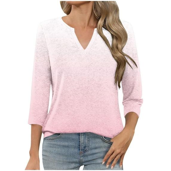 T-Shirts for Women 3/4 Sleeve V-Neck Gradient Color Casual Dressy Tunic Tops Laides T-Shirts