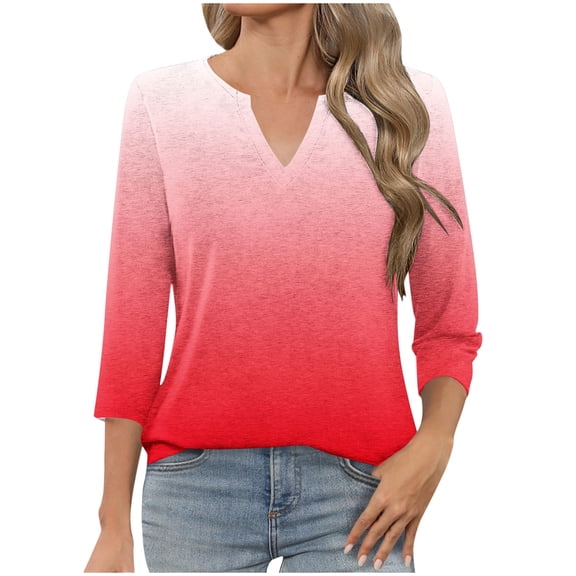 T-Shirts for Women 3/4 Sleeve V-Neck Gradient Color Casual Dressy Tunic Tops Laides T-Shirts