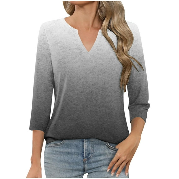 T-Shirts for Women 3/4 Sleeve V-Neck Gradient Color Casual Dressy Tunic Tops Laides T-Shirts
