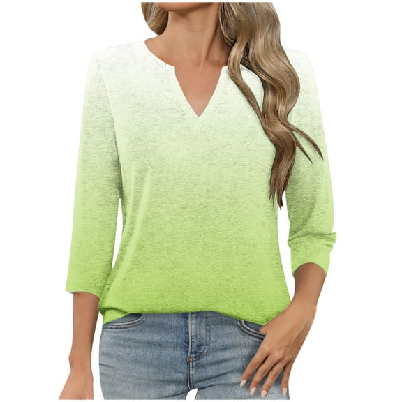 T-Shirts for Women 3/4 Sleeve V-Neck Gradient Color Casual Dressy Tunic Tops Laides T-Shirts