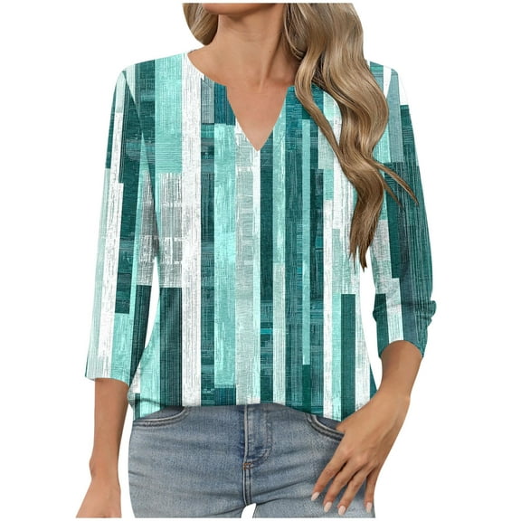 T-Shirts for Women 3/4 Sleeve V-Neck Strip Printed Casual Dressy Tunic Tops Laides T-Shirts