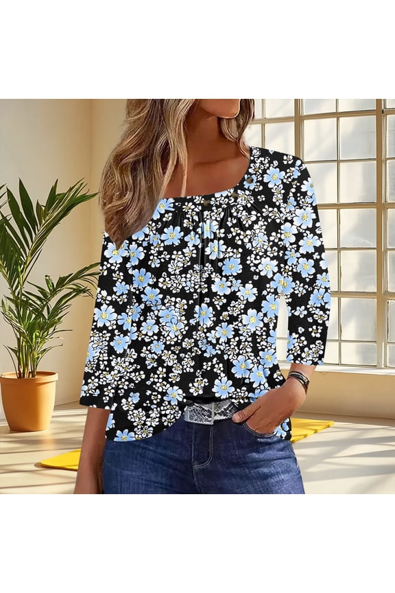 T Shirts for Women 3/4 Sleeved Slanted Collar Square Collar Buttons Blouse Printed Casual T-shirt Navy XL
