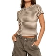 thumbnail image 1 of T Shirts for Women BWASD Cute Slim Fit Striped Short Sleeve Shirts Crewneck Summer Top Travel Wear Beach Workout Tee Tops 2026 New (Brown 2XL), 1 of 8