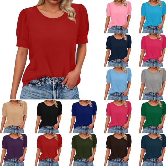 T Shirts for Women Basic Folded Short Sleeve Elastic Cuffs Round Neck Loose Tops Spring and Summer Crew Neck Tee Women's Top