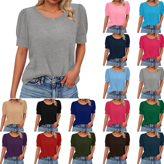 T Shirts for Women Basic Folded Short Sleeve Elastic Cuffs Round Neck Loose Tops Spring and Summer Crew Neck Tee Women's Top