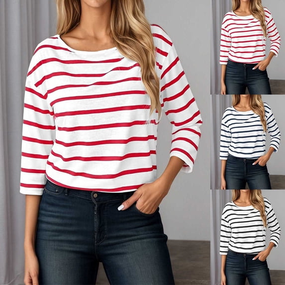 T Shirts for Women Basic Y2K 3/4 Sleeve Crewneck Striped Tops Fashion Trendy Casual Summer Tees 2026s