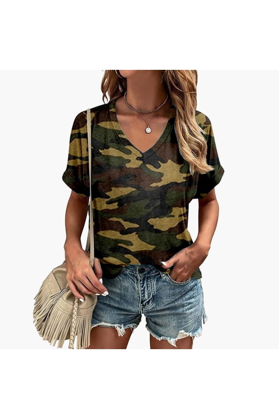 T Shirts for Women Camo Print V Neck Short Sleeve Tops for Outdoor Casual Wear Graphic Tees Women Camouflage M