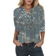 thumbnail image 1 of T Shirts for Women Casual Fashion Floral Feather Printing Buttons Crew Neck 3/4 Sleeve Blue Workout Tops Sizes 2XL, 1 of 4