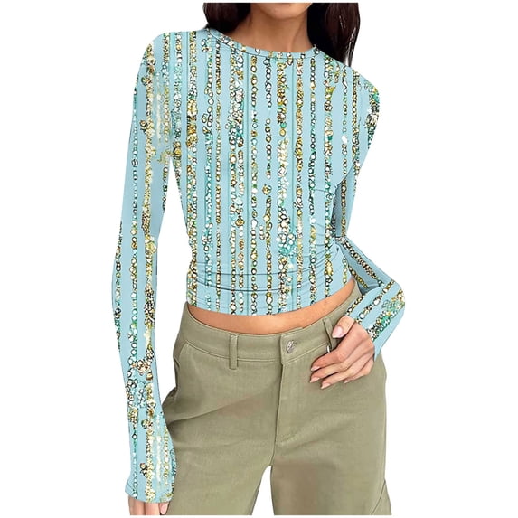 T-Shirts for Women Casual Floral Printed Crewneck Long Sleeve Basic Going Out Slim Lightweight Crop Tops Green M