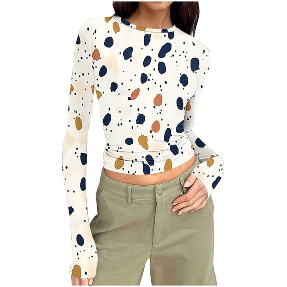T-Shirts for Women Casual Floral Printed Crewneck Long Sleeve Basic Going Out Slim Lightweight Crop Tops Khaki L