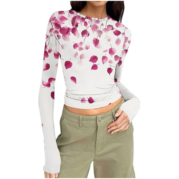 T-Shirts for Women Casual Floral Printed Crewneck Long Sleeve Basic Going Out Slim Lightweight Crop Tops Pink L